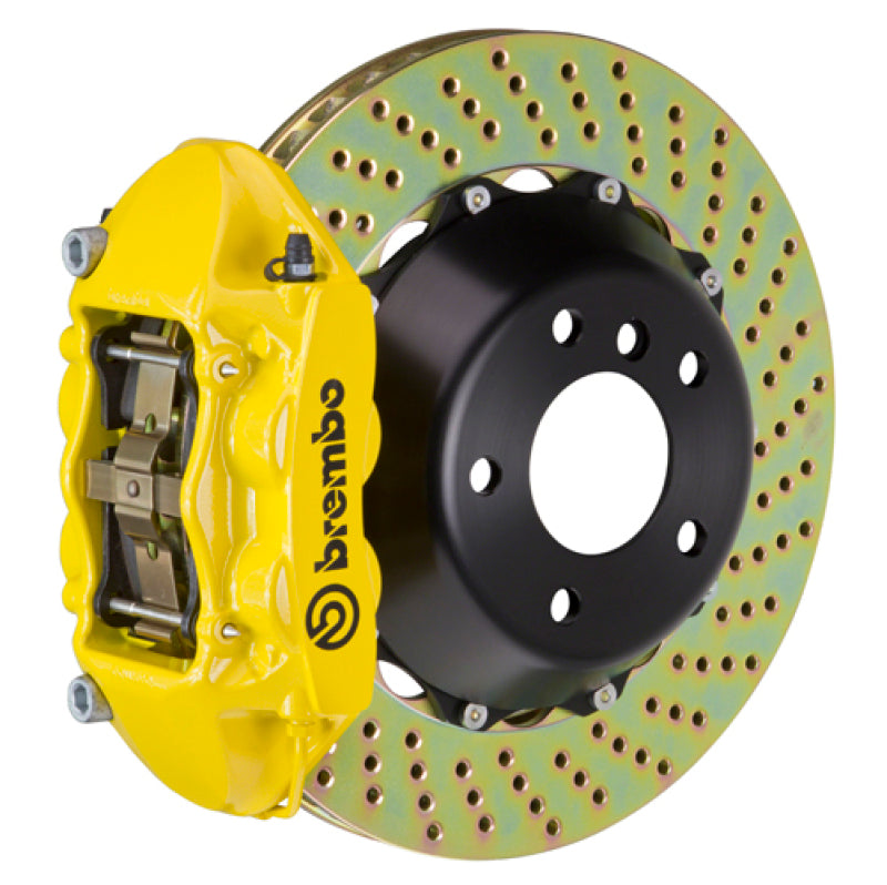 brembo m3 (e90/e92/e93) rear gt bbk 4 piston cast 345x28 2pc rotor drilled- yellow bmw m3 e92 e9x iconic garage