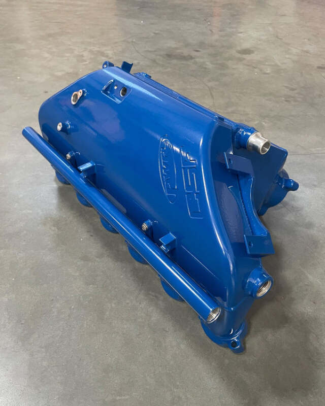 csf bmw m2/m3/m4 s58 (g8x) charge-air cooler manifold - santorini royal blue bmw m3 m4 g80 g82 g8x iconic garage