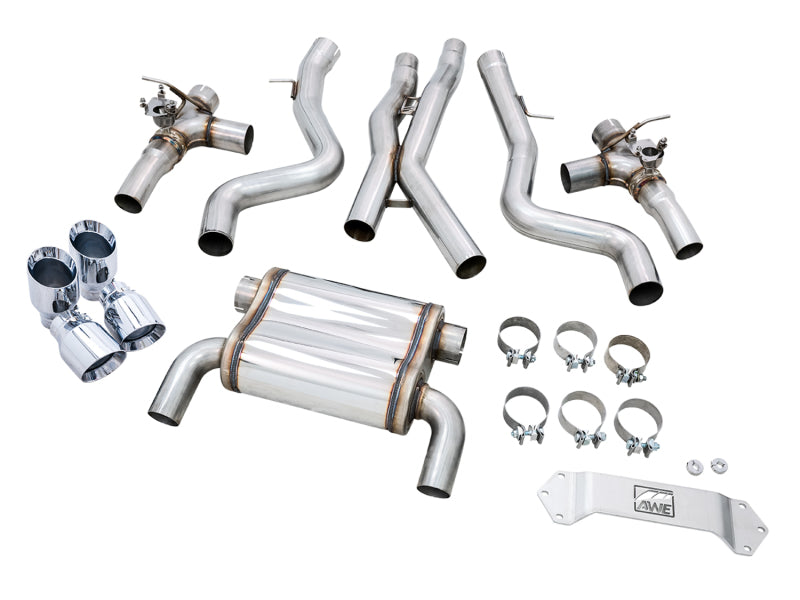 awe tuning bmw f8x m3/m4 switchpath cat-back exhaust - chrome silver tips bmw m3 m4 f80 f82 f8x iconic garage
