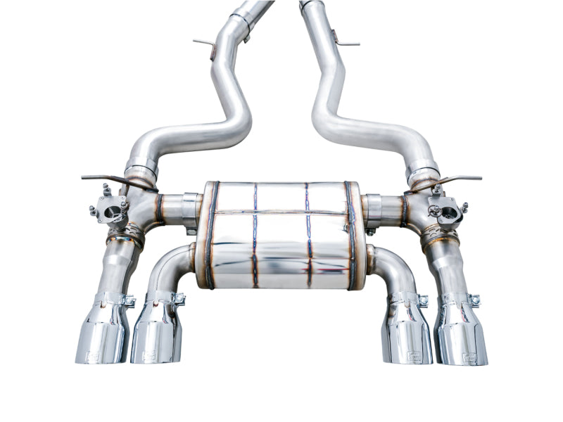 awe tuning bmw f8x m3/m4 switchpath cat-back exhaust - chrome silver tips bmw m3 m4 f80 f82 f8x iconic garage