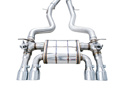 awe tuning bmw f8x m3/m4 switchpath cat-back exhaust - chrome silver tips bmw m3 m4 f80 f82 f8x iconic garage