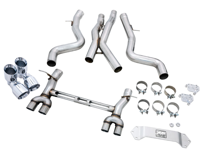 awe tuning bmw f8x m3/m4 track edition cat-back exhaust - chrome silver tips bmw m3 m4 f80 f82 f8x iconic garage