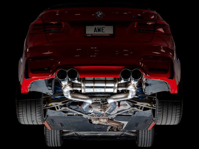 awe tuning bmw f8x m3/m4 switchpath cat-back exhaust - chrome silver tips bmw m3 m4 f80 f82 f8x iconic garage