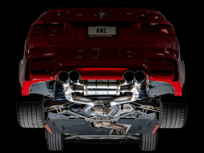 awe tuning bmw f8x m3/m4 switchpath cat-back exhaust - chrome silver tips bmw m3 m4 f80 f82 f8x iconic garage