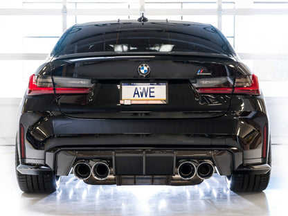 awe tuning track edition cat-back exhaust for bmw g8x m3/m4 - chrome silver tips bmw m3 m4 g80 g82 g8x iconic garage