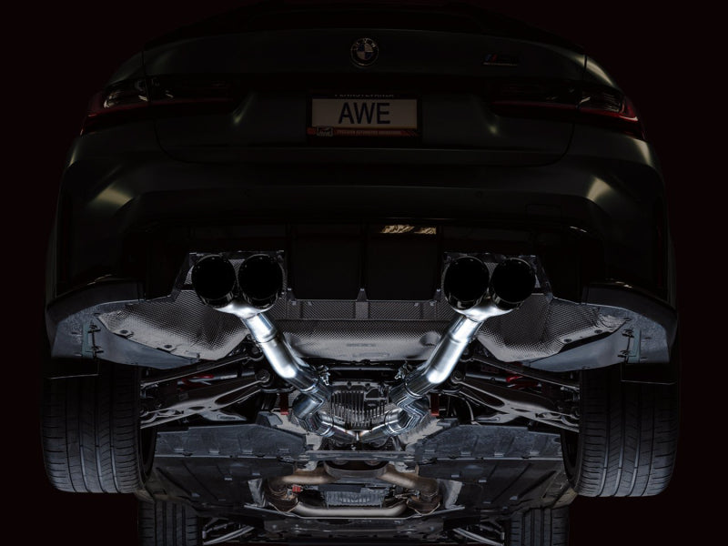 awe tuning track edition cat-back exhaust for bmw g8x m3/m4 - diamond black tips bmw m3 m4 g80 g82 g8x iconic garage