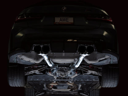 awe tuning track edition cat-back exhaust for bmw g8x m3/m4 - diamond black tips bmw m3 m4 g80 g82 g8x iconic garage