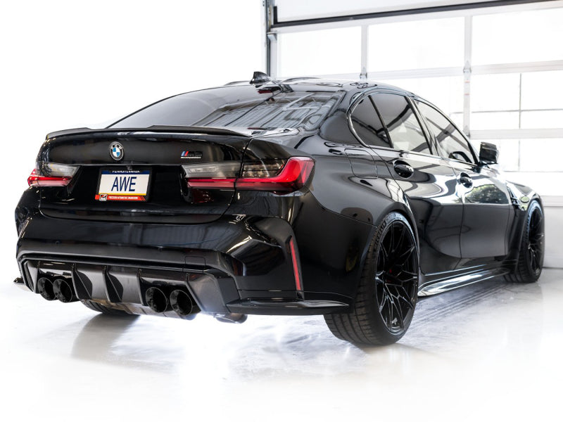 awe tuning track edition cat-back exhaust for bmw g8x m3/m4 - diamond black tips bmw m3 m4 g80 g82 g8x iconic garage