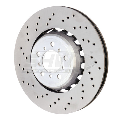 shw bmw m3 left front cross-drilled lightweight brake rotor (34112284809) f8x bmw m3 m4 f80 f82 f8x iconic garage