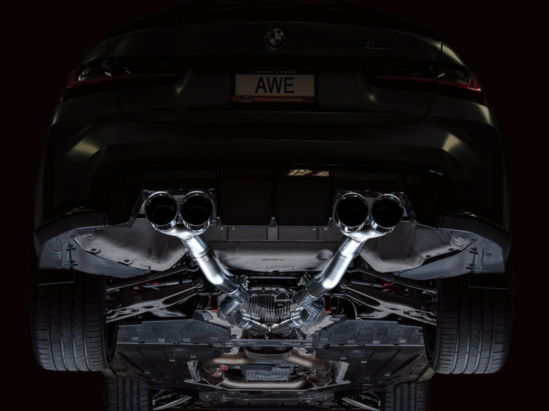 awe tuning track edition cat-back exhaust for bmw g8x m3/m4 - chrome silver tips bmw m3 m4 g80 g82 g8x iconic garage