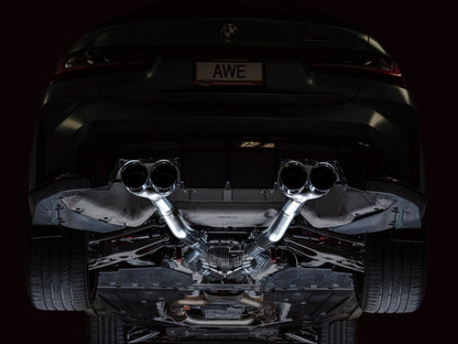 awe tuning track edition cat-back exhaust for bmw g8x m3/m4 - chrome silver tips bmw m3 m4 g80 g82 g8x iconic garage