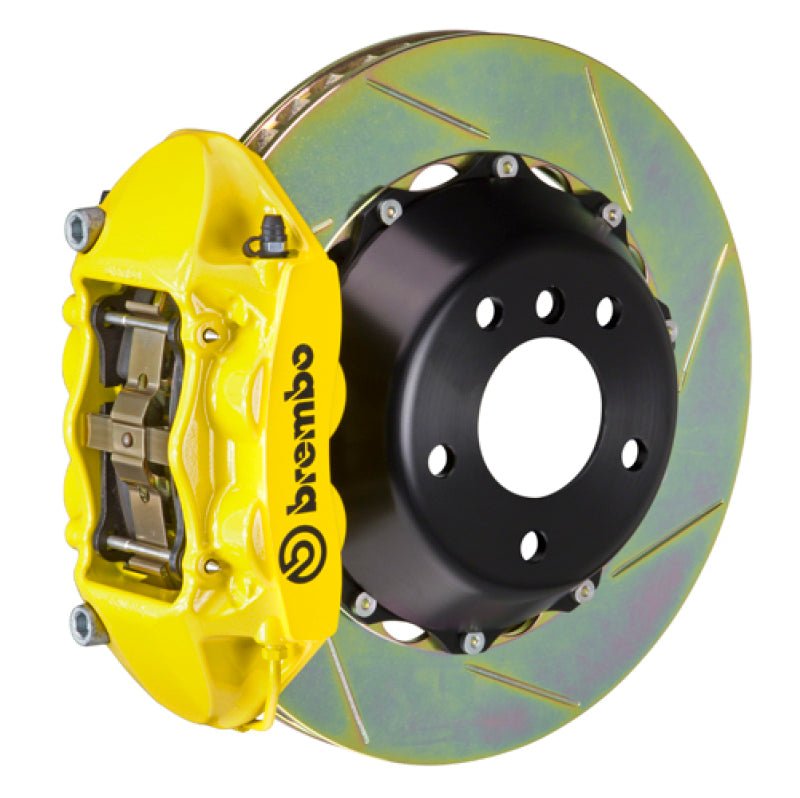 brembo m3 (e90/e92/e93) rear gt bbk 4 piston cast 345x28 2pc rotor slotted type-1- yellow bmw m3 e92 e9x iconic garage