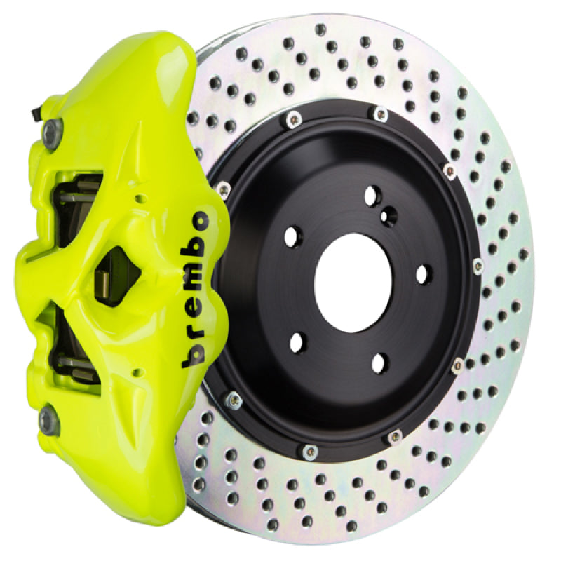 brembo m3 (e90/e92/e93) rear gt bbk 4 piston cast 380x28 2pc rotor drilled- fluo. yellow bmw m3 e92 e9x iconic garage