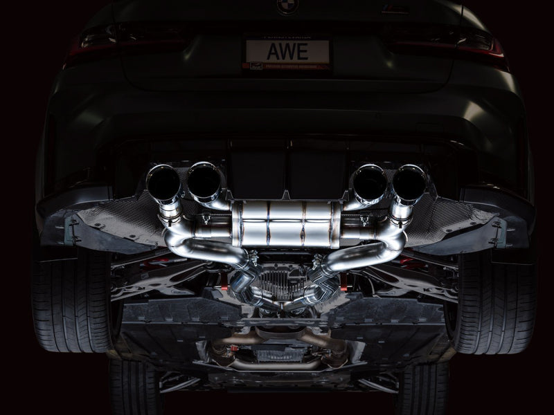 awe tuning switchpath cat-back exhaust for bmw g8x m3/m4 - chrome silver tips bmw m3 m4 g80 g82 g8x iconic garage
