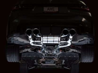 awe tuning switchpath cat-back exhaust for bmw g8x m3/m4 - chrome silver tips bmw m3 m4 g80 g82 g8x iconic garage