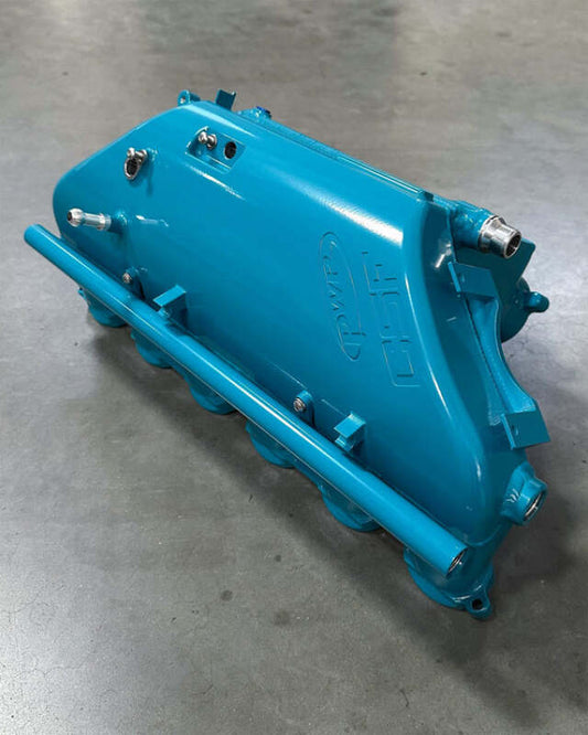 csf bmw m2/m3/m4 s58 (g8x) charge-air cooler manifold - miami blue bmw m3 m4 g80 g82 g8x iconic garage