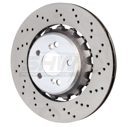 shw bmw m3 right rear cross-drilled lightweight brake rotor (34212284812) f8x bmw m3 m4 f80 f82 f8x iconic garage