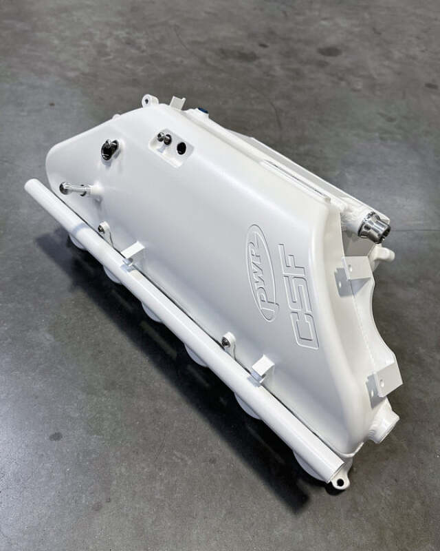 csf bmw m2/m3/m4 s58 (g8x) charge-air cooler manifold - brilliant frozen white metallic bmw m3 m4 g80 g82 g8x iconic garage