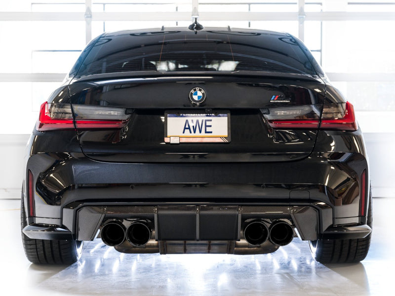 awe tuning track edition cat-back exhaust for bmw g8x m3/m4 - diamond black tips bmw m3 m4 g80 g82 g8x iconic garage