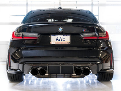 awe tuning track edition cat-back exhaust for bmw g8x m3/m4 - diamond black tips bmw m3 m4 g80 g82 g8x iconic garage