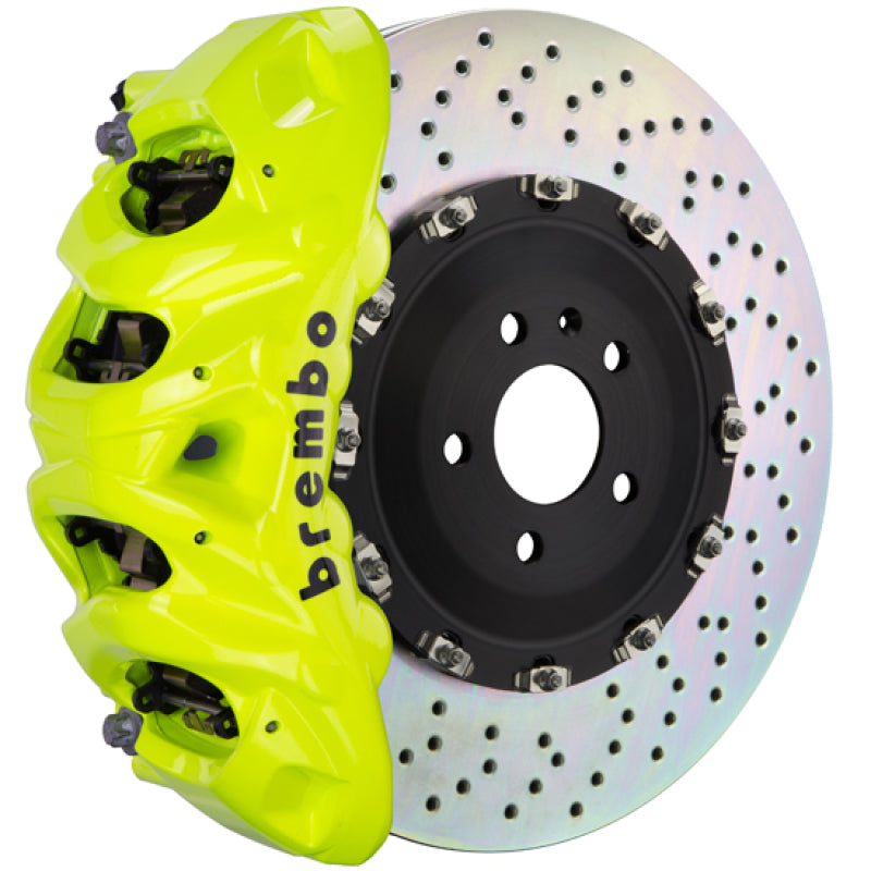 brembo m3 (e90/e92/e93) front gt bbk 6 piston cast 380x34 2pc rotor drilled- fluo. yellow bmw m3 e92 e9x iconic garage