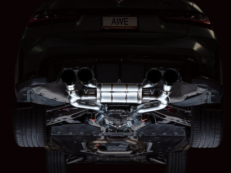 awe tuning switchpath cat-back exhaust for bmw g8x m3/m4 - diamond black tips bmw m3 m4 g80 g82 g8x iconic garage