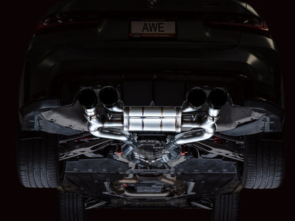 awe tuning switchpath cat-back exhaust for bmw g8x m3/m4 - diamond black tips bmw m3 m4 g80 g82 g8x iconic garage