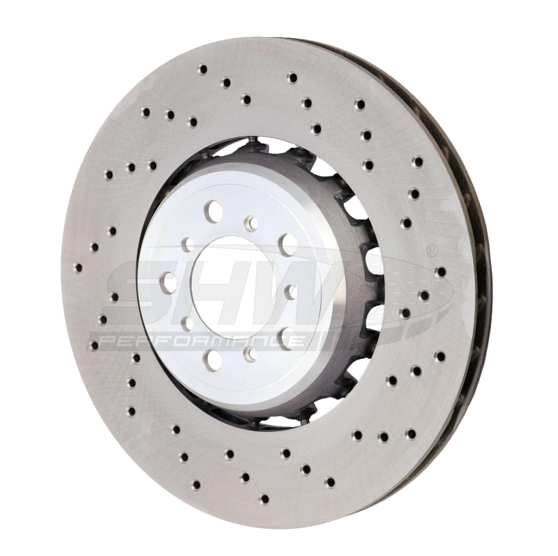 shw bmw m3 right front cross-drilled lightweight brake rotor (34112284810) f8x bmw m3 m4 f80 f82 f8x iconic garage