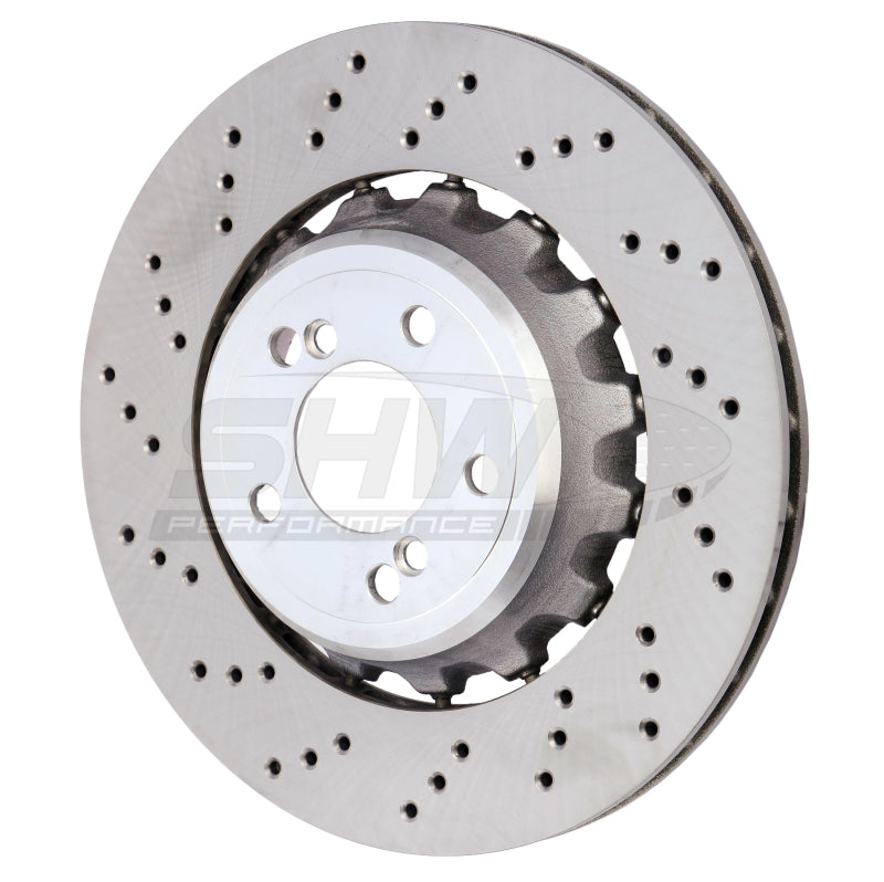 shw bmw m3 left rear cross-drilled lightweight brake rotor (34212284811) f8x bmw m3 m4 f80 f82 f8x iconic garage